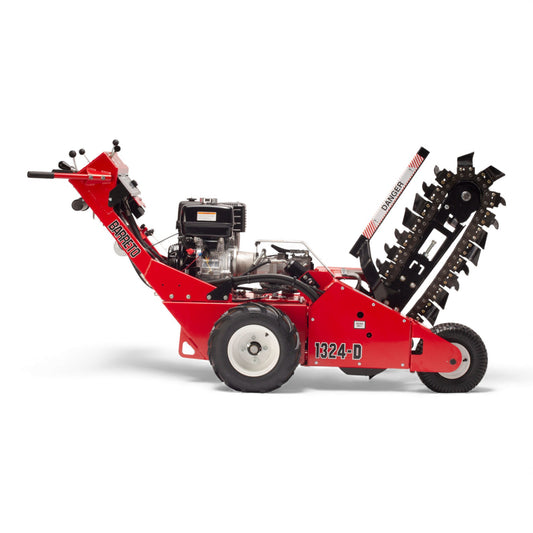 Barreto 1624D trencher with Briggs & Stratton 16 HP engine, 24–36 inch digging depths, and high-torque trenching chain