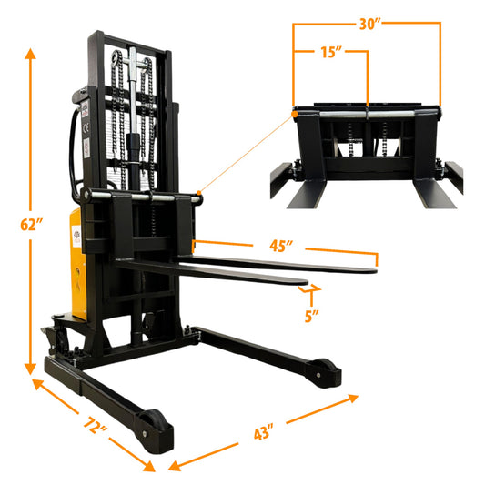 EMS1520W - Semi Electric Wide Leg Stacker 1500 kg (3307 lbs) + 78'' Capacity - CSA and UL Certified