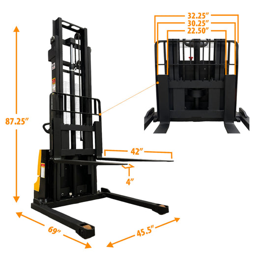 ESC12M33 - Electric Wide Leg Pallet Stacker 1200 kg (2640 lbs) / 1500 kg (3307 lbs) + 130'' Capacity - CSA and UL Certified