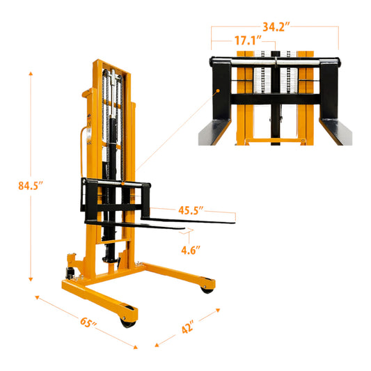 SYCW118 - Wide Leg Hydraulic Stacker 1000 kg (2204 lbs) + 118'' Capacity - CSA and UL Certified