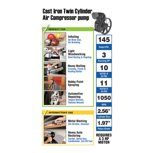 3TCCP - 3 HP 145 PSI Cast Iron Twin Cylinder Air Compressor Pump