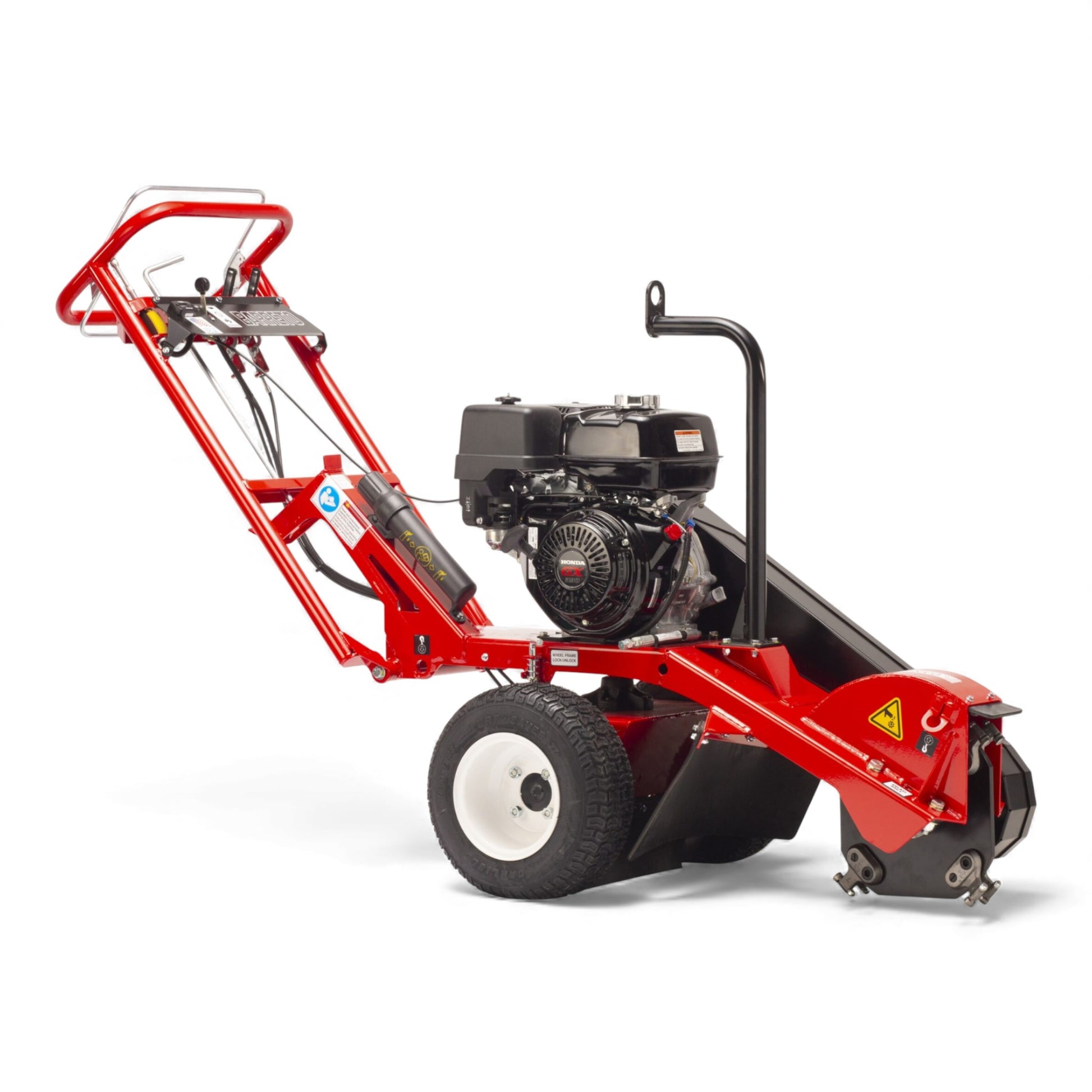 Barreto 13SGH/16SGB stump grinder with Honda engine, swivel cutting head, and heavy-duty carbide teeth