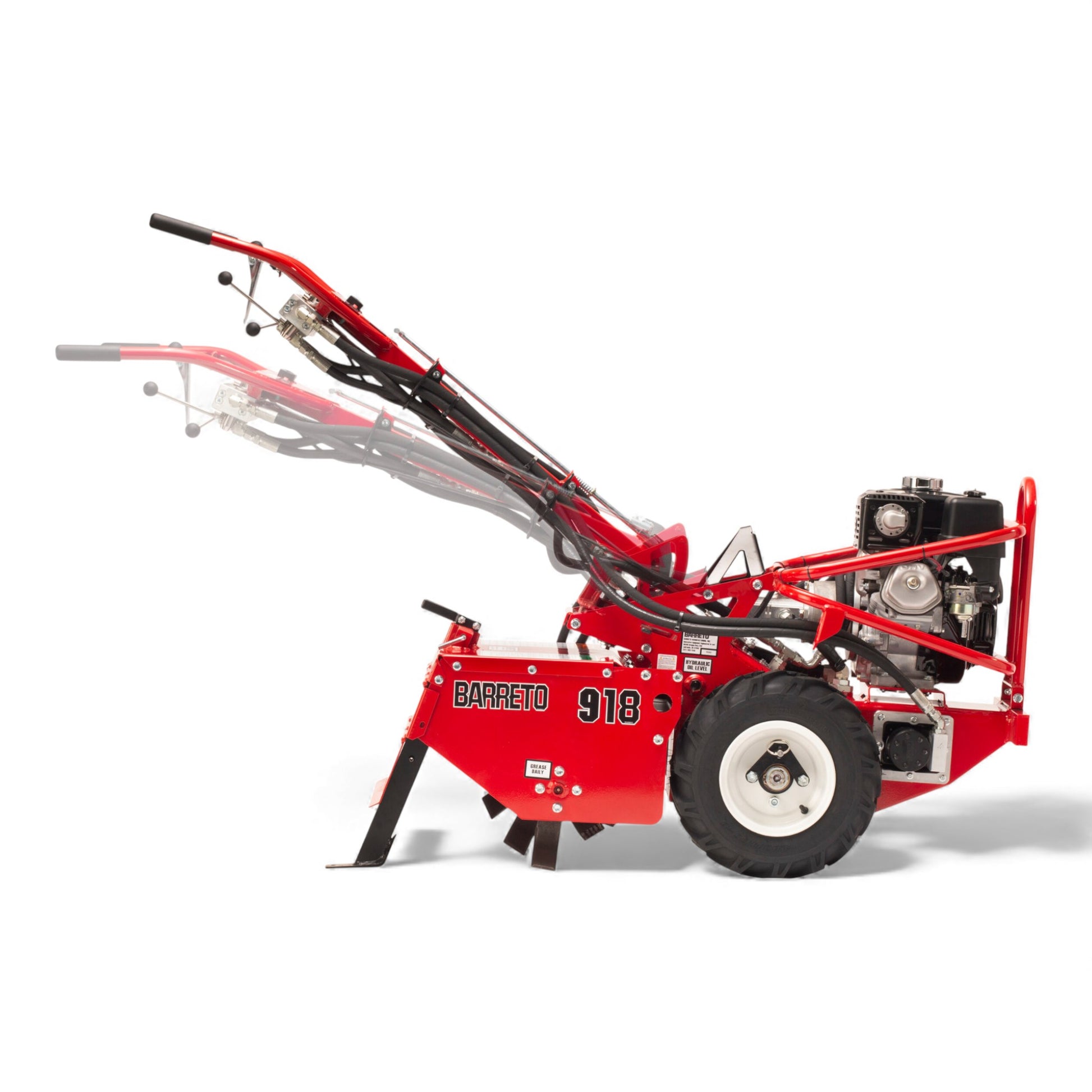 Barreto E918H rear-tine tiller with Honda GX engine, heavy-duty tines, and hydraulically driven transmission