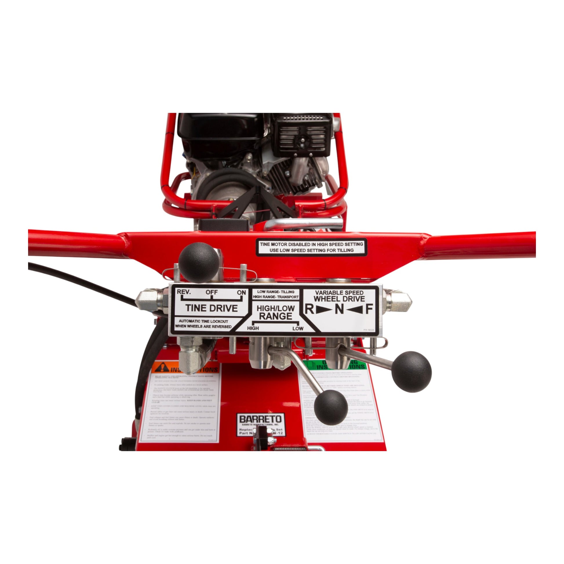 Barreto E918H rear-tine tiller with Honda GX engine, heavy-duty tines, and hydraulically driven transmission