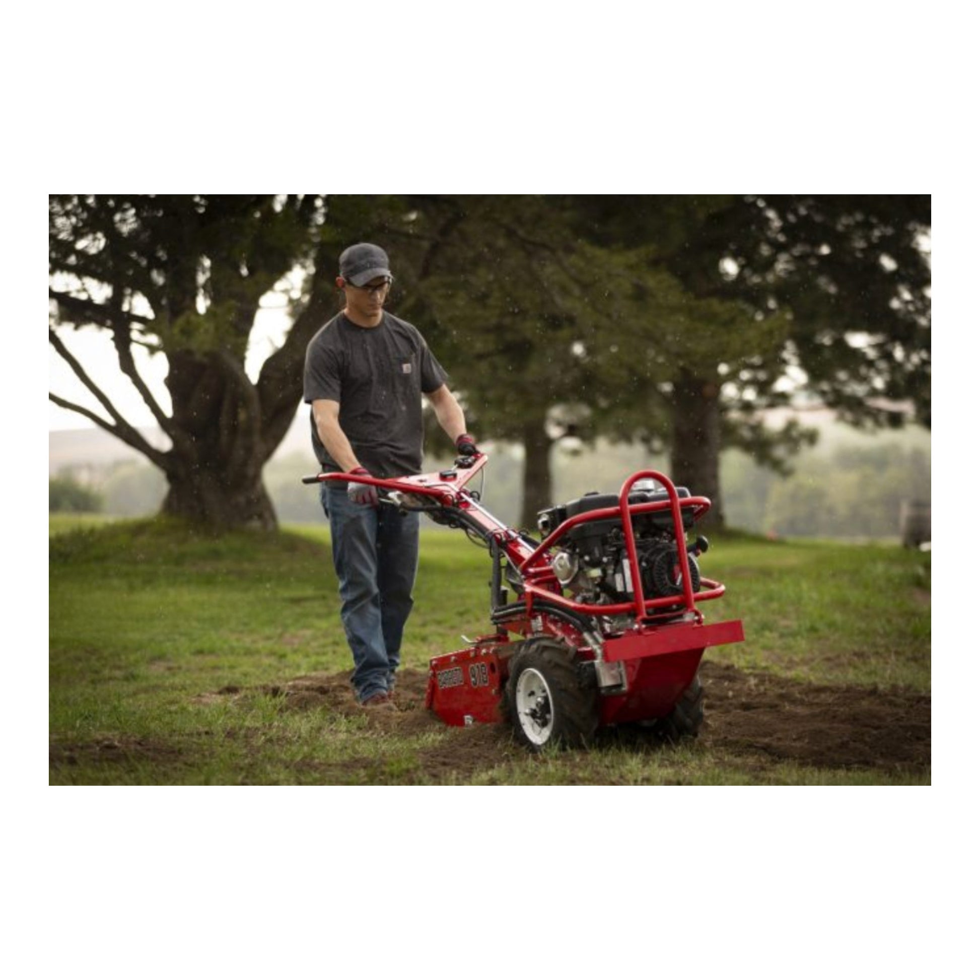 Barreto E918H rear-tine tiller with Honda GX engine, heavy-duty tines, and hydraulically driven transmission