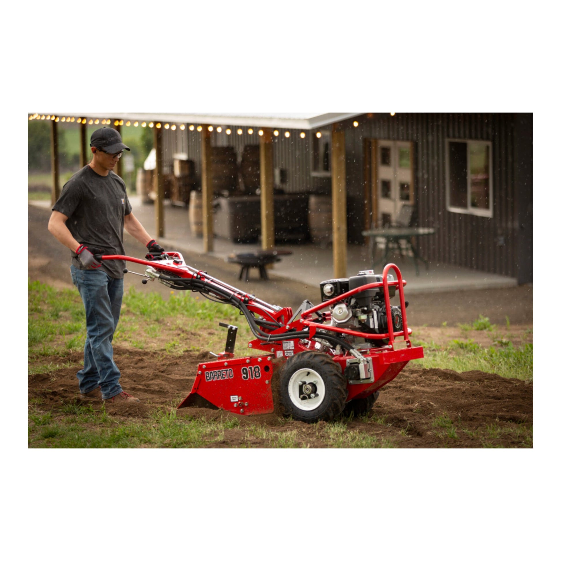 Barreto E918H rear-tine tiller with Honda GX engine, heavy-duty tines, and hydraulically driven transmission