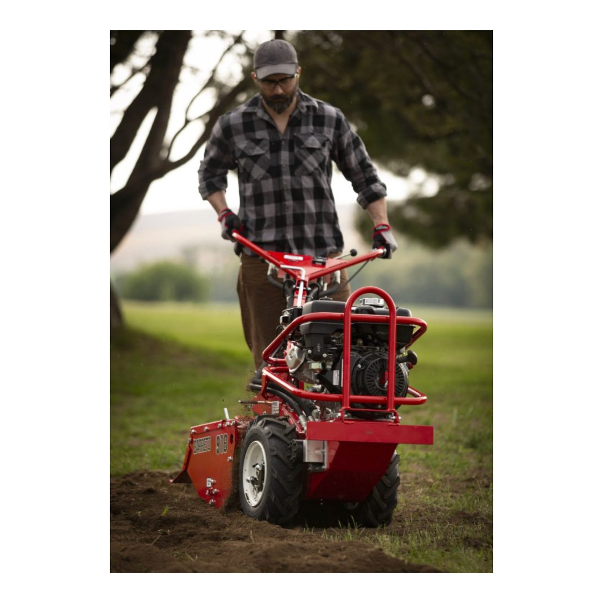Barreto E918H rear-tine tiller with Honda GX engine, heavy-duty tines, and hydraulically driven transmission