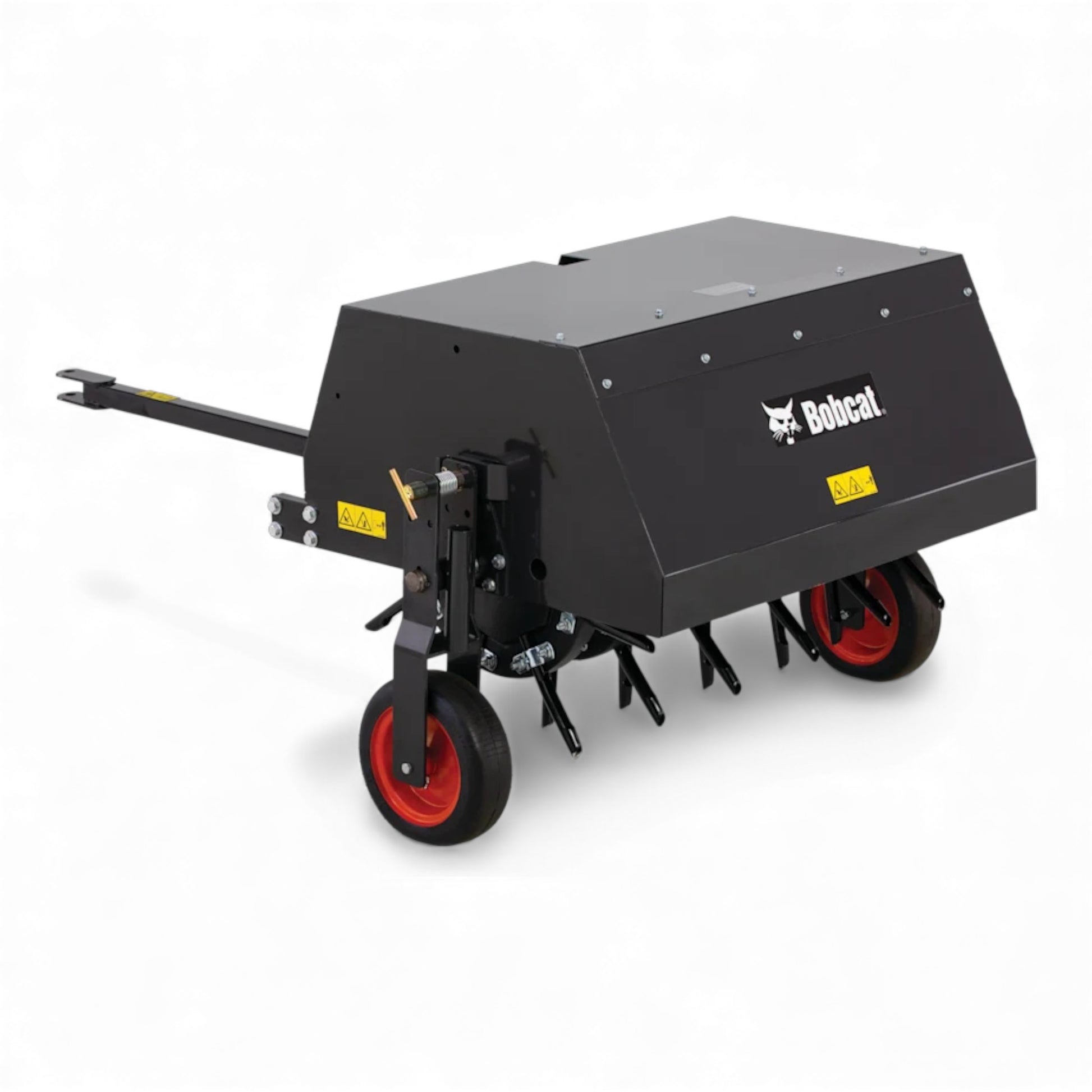 Bobcat AE36 36-inch tow-behind aerator with 4-wheel design, heavy-duty tines, and commercial durability