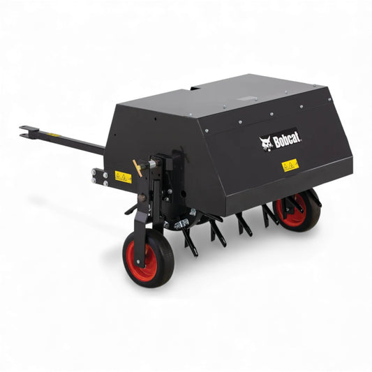 Bobcat AE36 36-inch tow-behind aerator with 4-wheel design, heavy-duty tines, and commercial durability