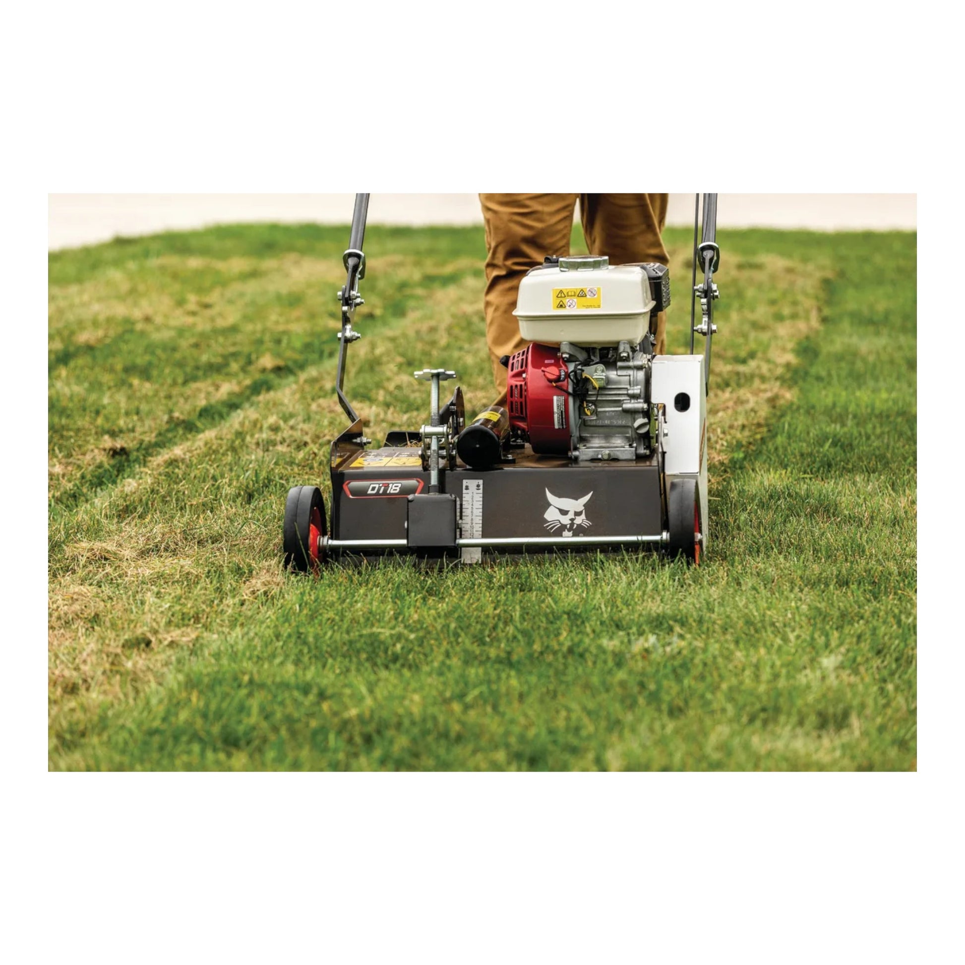Bobcat DT18 18-inch push dethatcher with rugged tines and manual pull-behind design