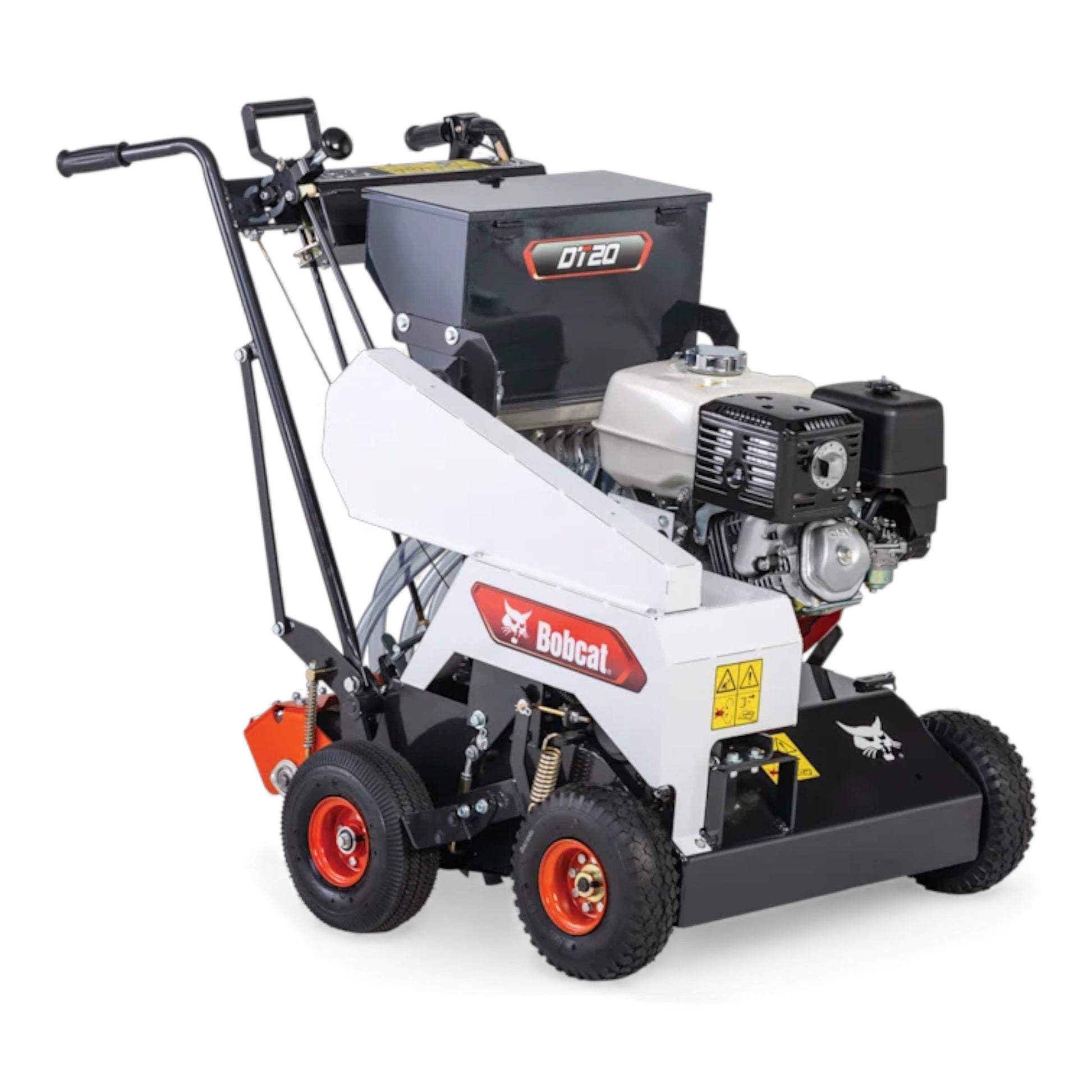 Bobcat DT20 20-inch self-propelled dethatcher & overseeder with wide cutting path, durable tines, and heavy-duty drive