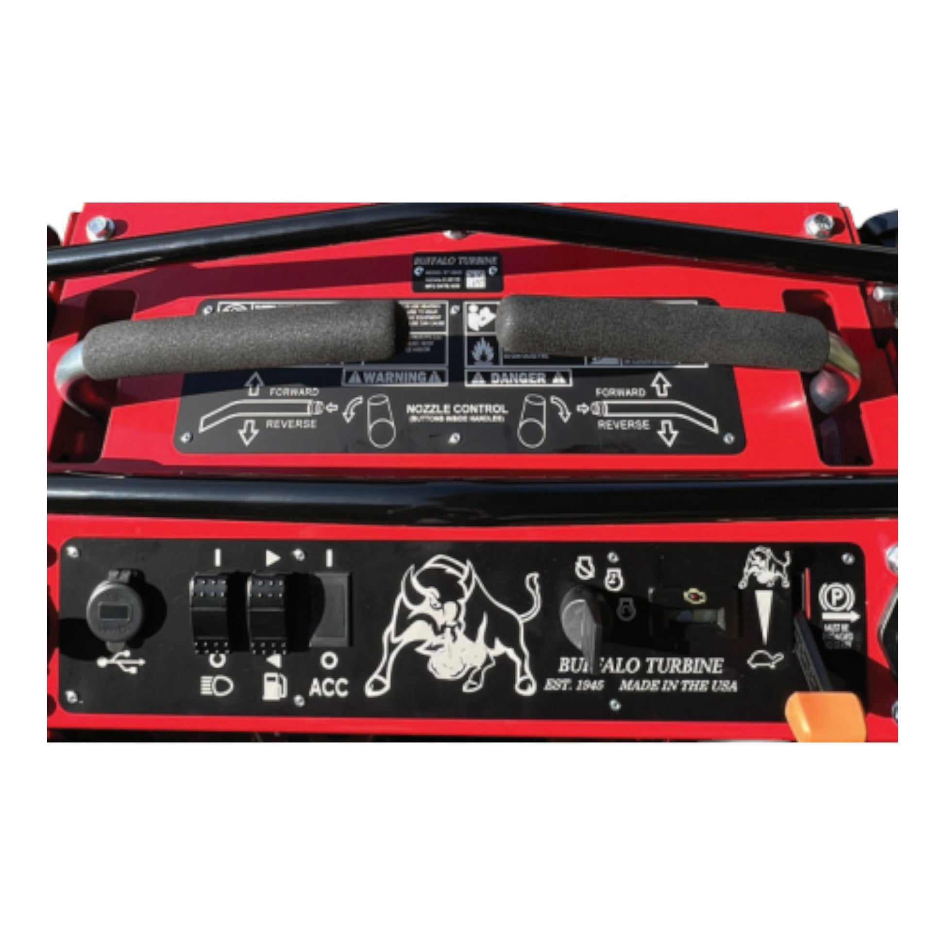 Buffalo Turbine Blitz Stand-On Debris Blower with elevated operator platform, high-velocity turbine, and 360-degree directional airflow nozzle