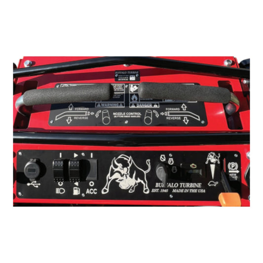 Buffalo Turbine Blitz Stand-On Debris Blower with elevated operator platform, high-velocity turbine, and 360-degree directional airflow nozzle