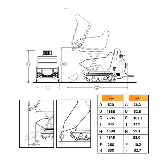 Cormidi C85 HIAC-HIACW Hydrostatic Self Loading Hi-Tip Track Dumper, 800 kg (1764 lb) Load Capacity