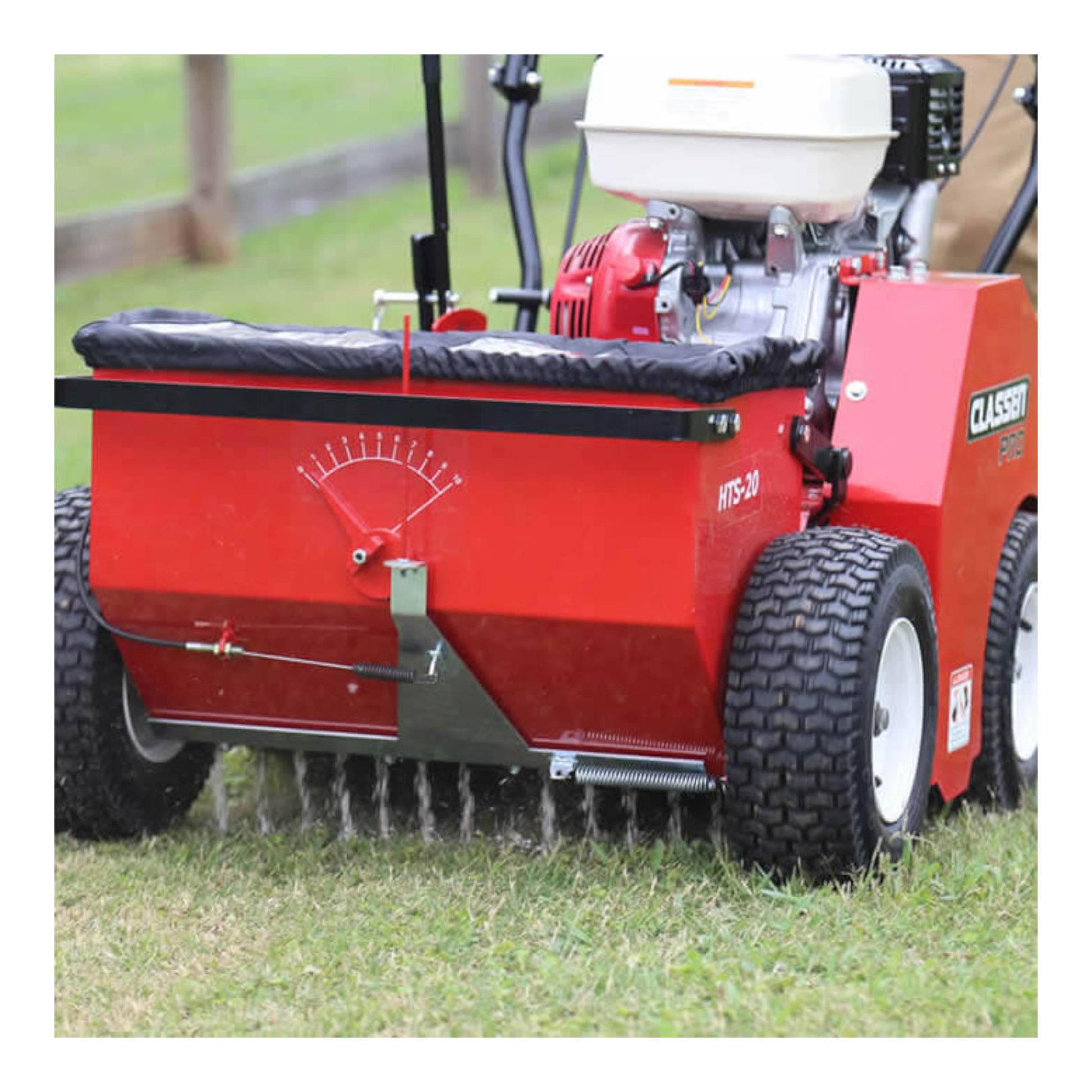 Classen HTS-20H 20-inch Honda GX270 PRO hydro-drive self-propelled turf seeder with precision seed hopper, durable build, and smooth hydrostatic drive