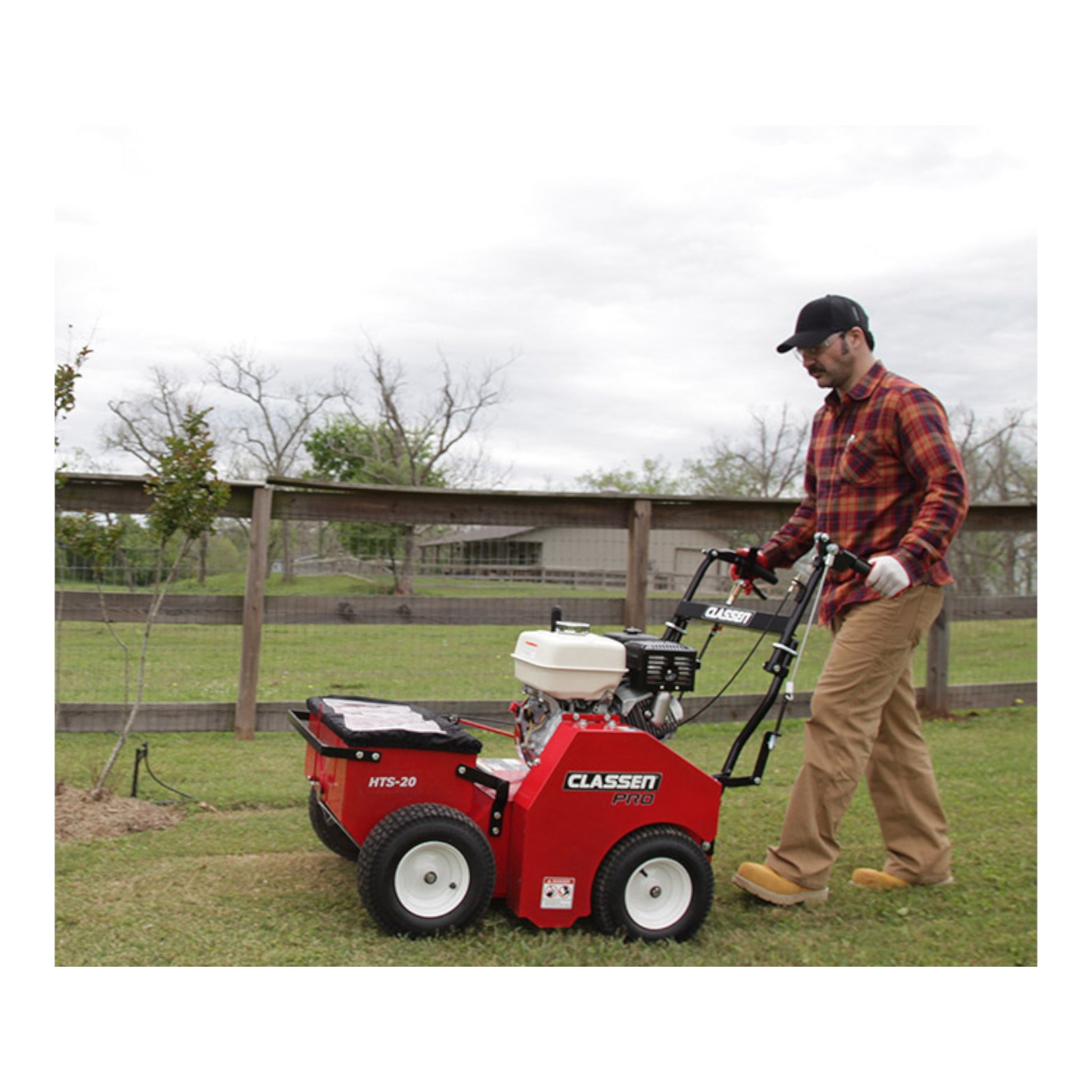 Classen HTS-20H 20-inch Honda GX270 PRO hydro-drive self-propelled turf seeder with precision seed hopper, durable build, and smooth hydrostatic drive