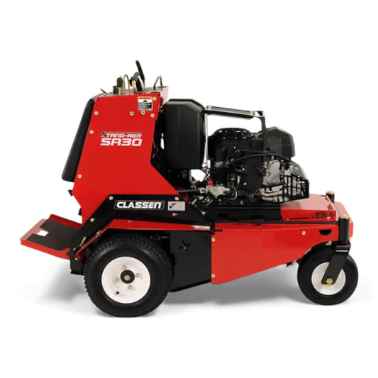 Classen SA-30A 30-inch Kawasaki FS541V PRO stand-aer aerator with heavy-duty tines, stand-on platform, and commercial-grade durability