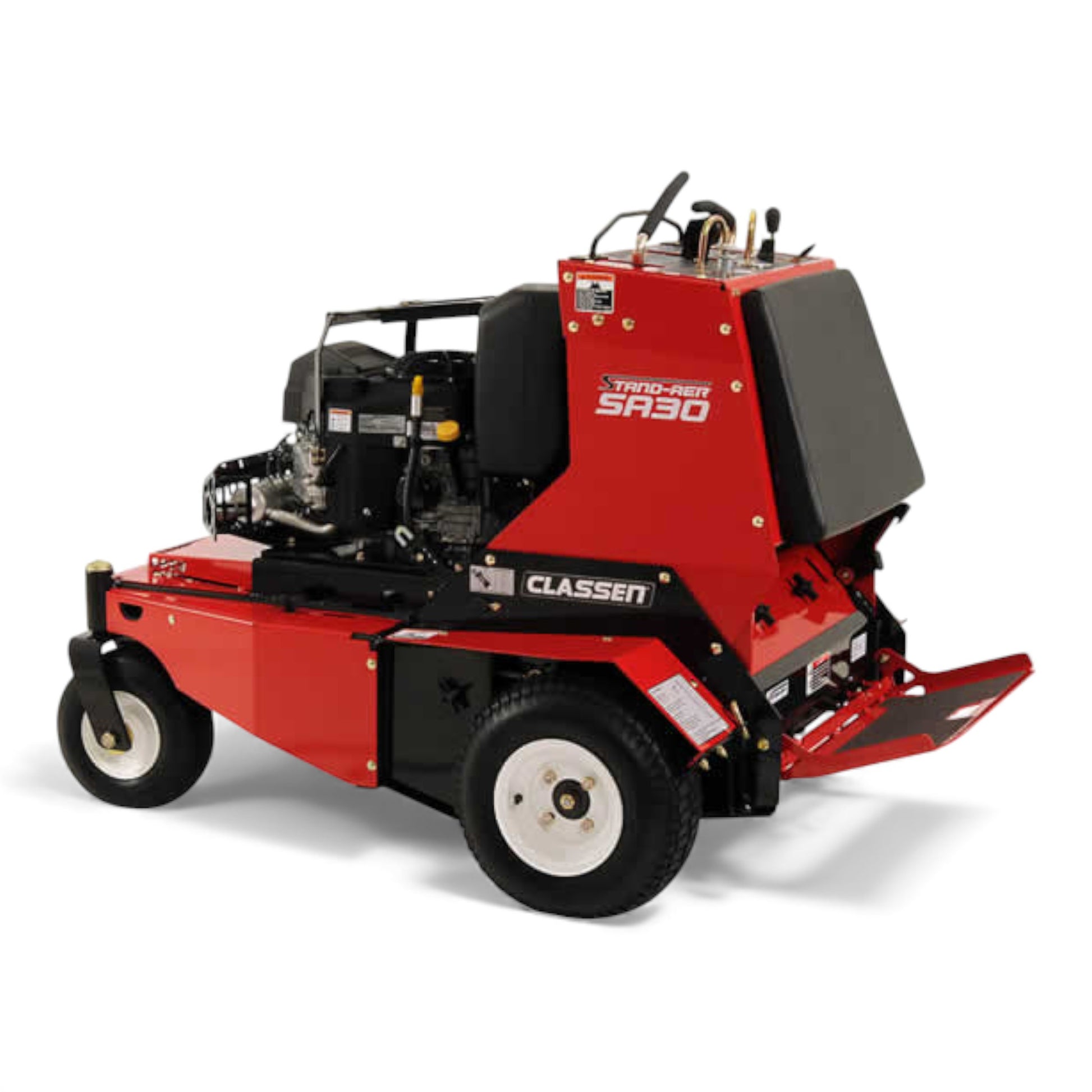 Classen SA-30A 30-inch Kawasaki FS541V PRO stand-aer aerator with heavy-duty tines, stand-on platform, and commercial-grade durability