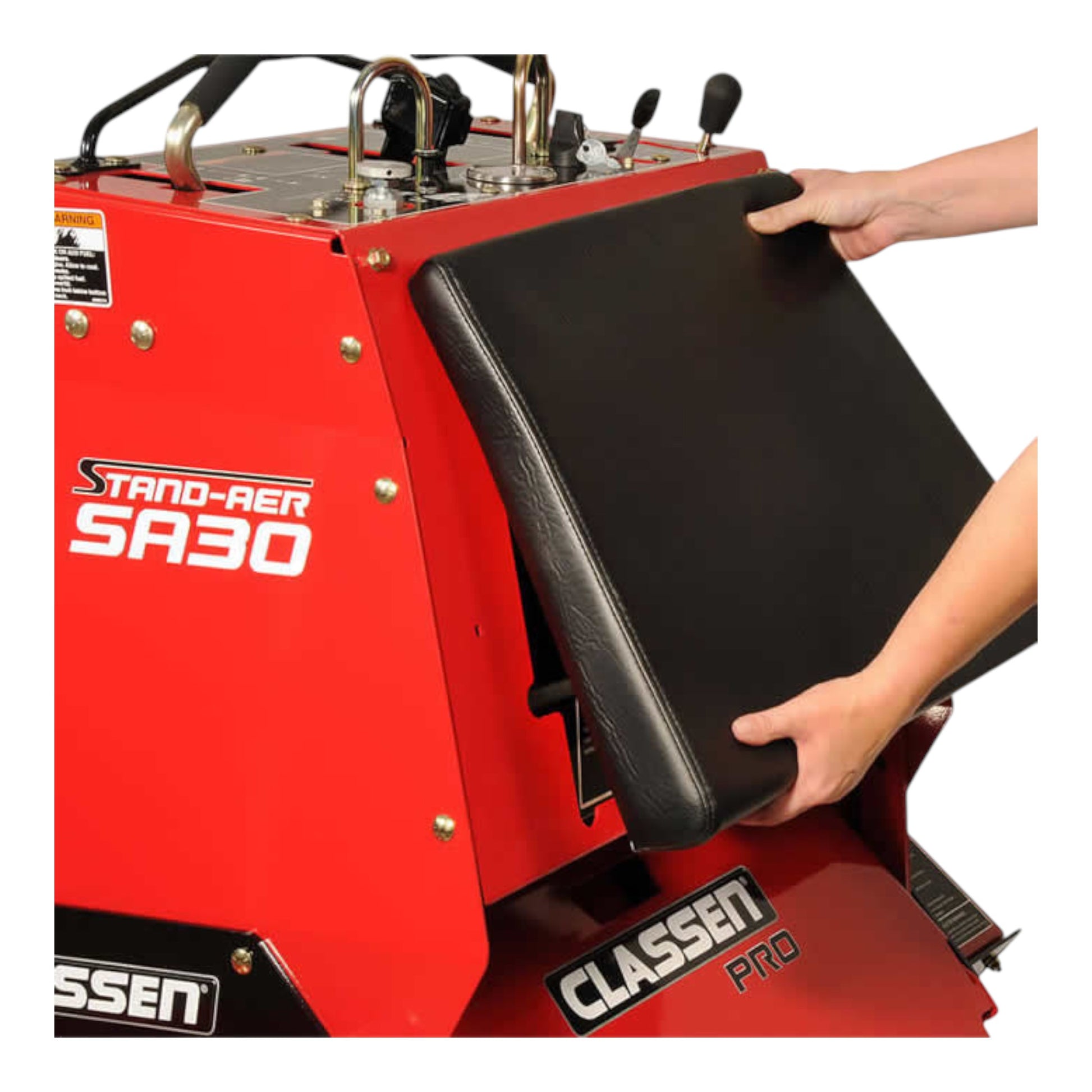 Classen SA-30A 30-inch Kawasaki FS541V PRO stand-aer aerator with heavy-duty tines, stand-on platform, and commercial-grade durability