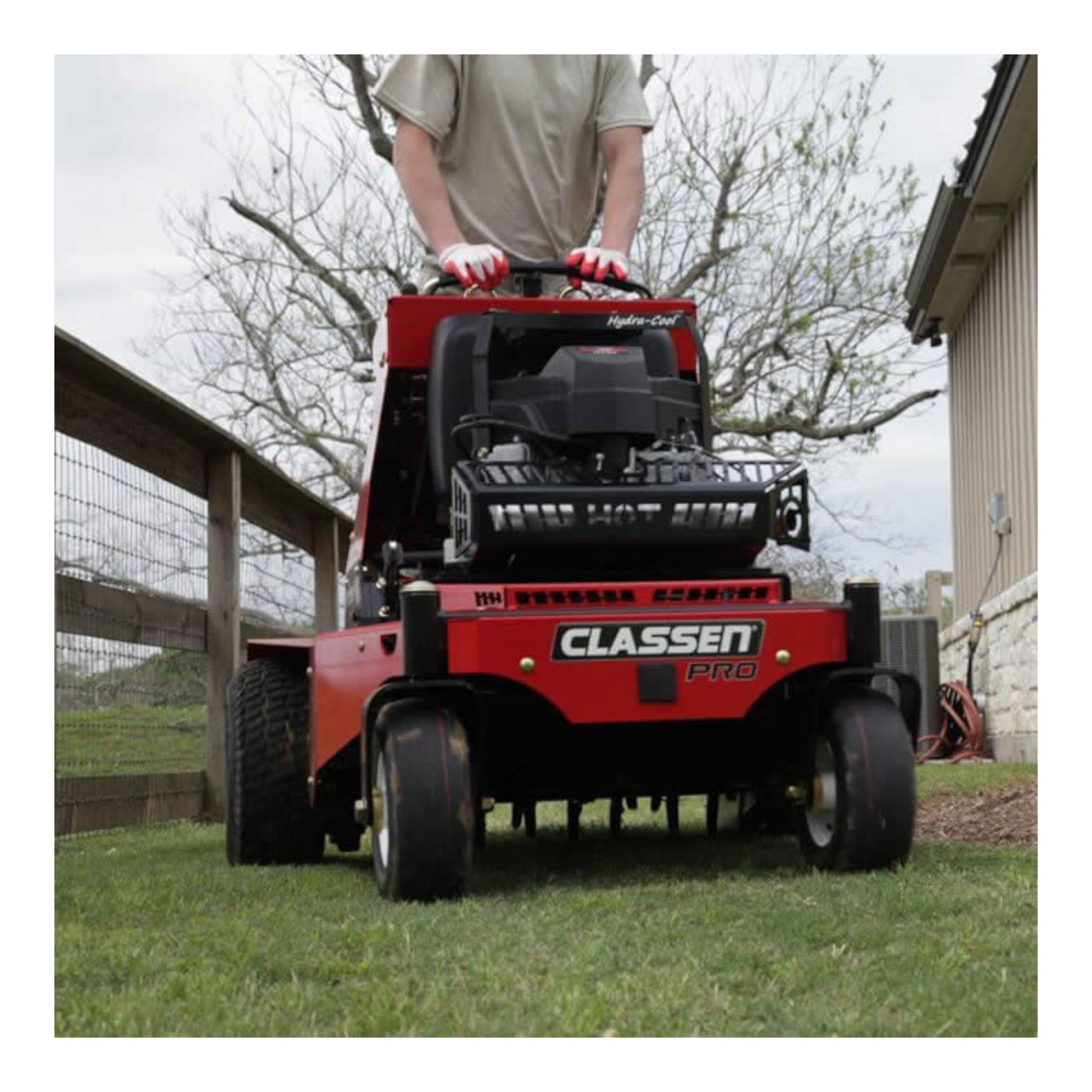Classen SA-30A 30-inch Kawasaki FS541V PRO stand-aer aerator with heavy-duty tines, stand-on platform, and commercial-grade durability