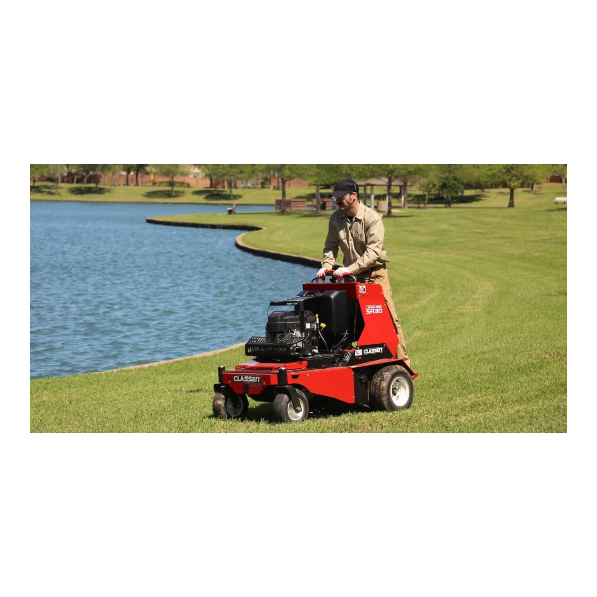 Classen SA-30A 30-inch Kawasaki FS541V PRO stand-aer aerator with heavy-duty tines, stand-on platform, and commercial-grade durability