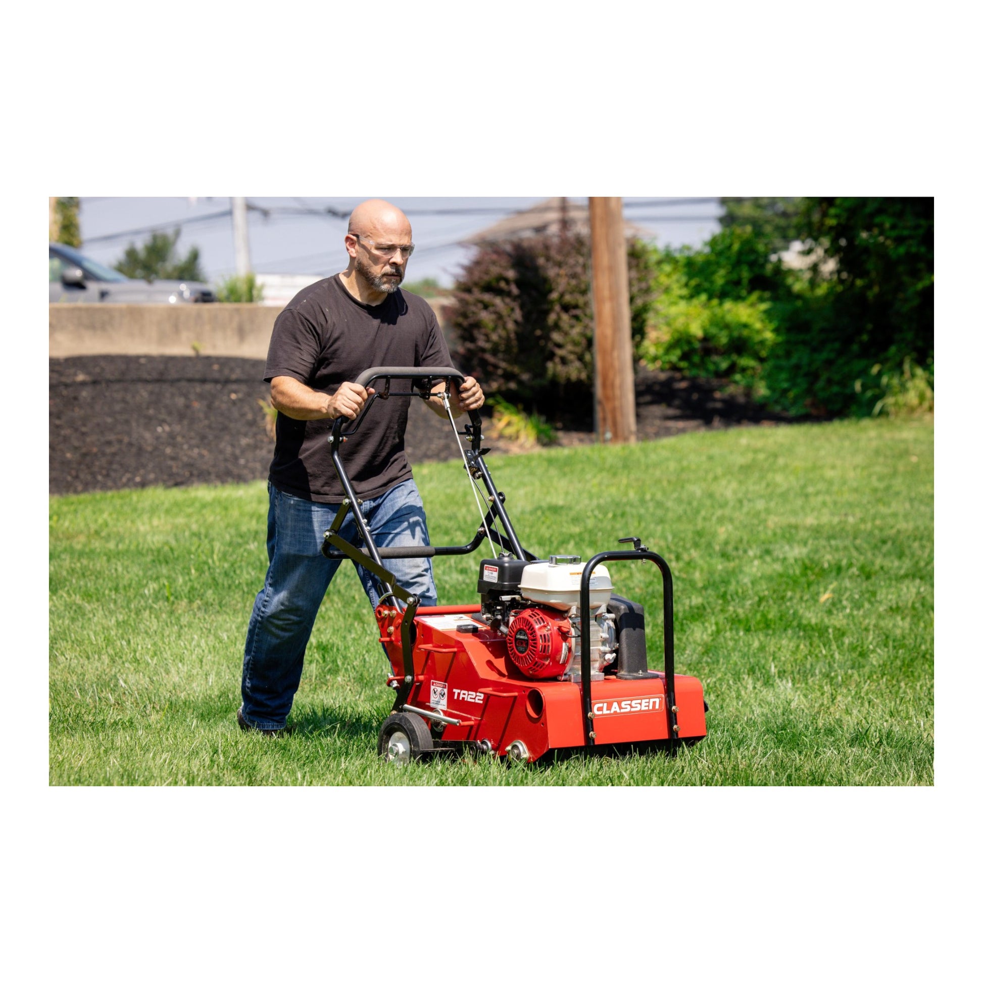 Classen TA22H 21-inch PRO Honda GX120 steerable split-drum aerator with heavy-duty tines and compact frame