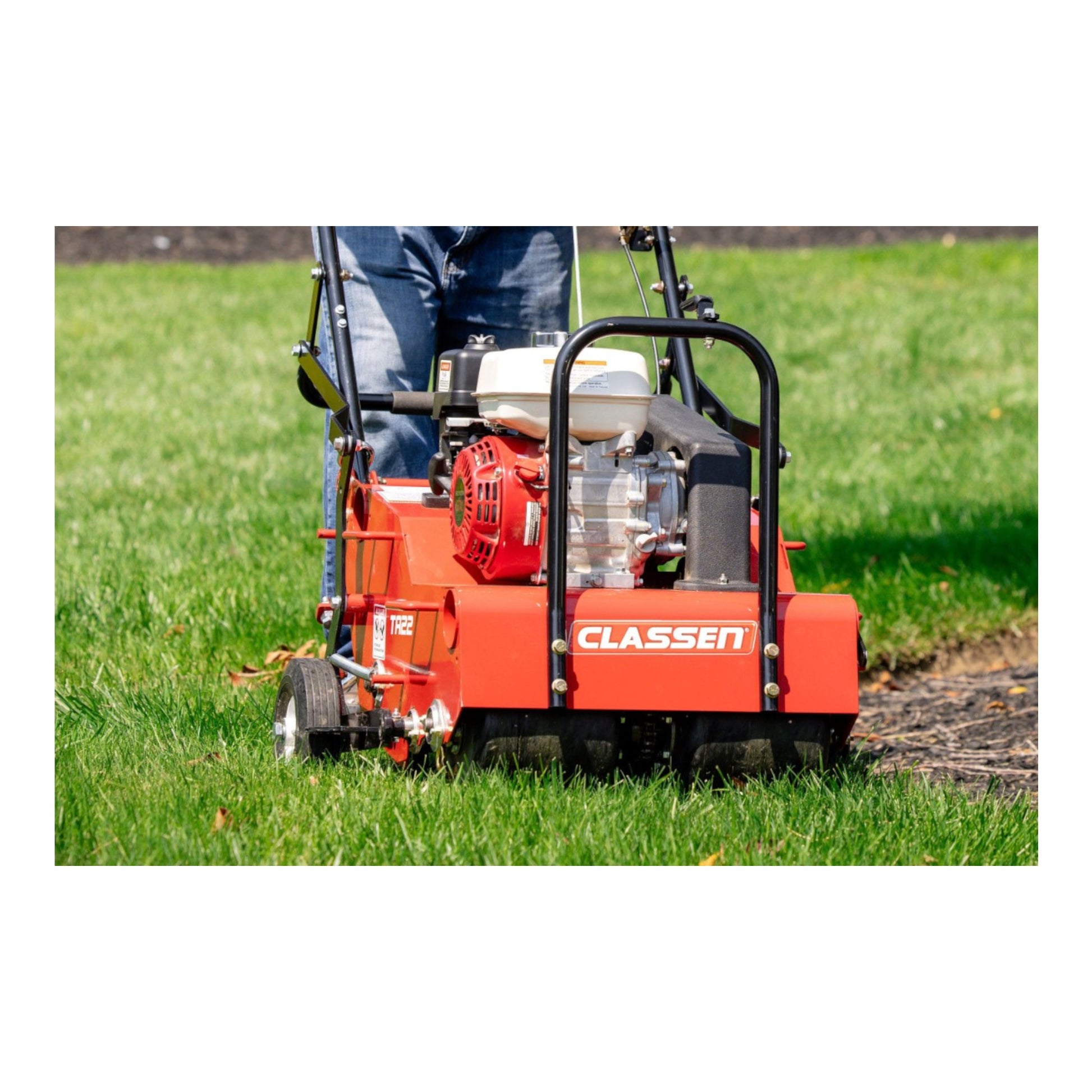 Classen TA22H 21-inch PRO Honda GX120 steerable split-drum aerator with heavy-duty tines and compact frame