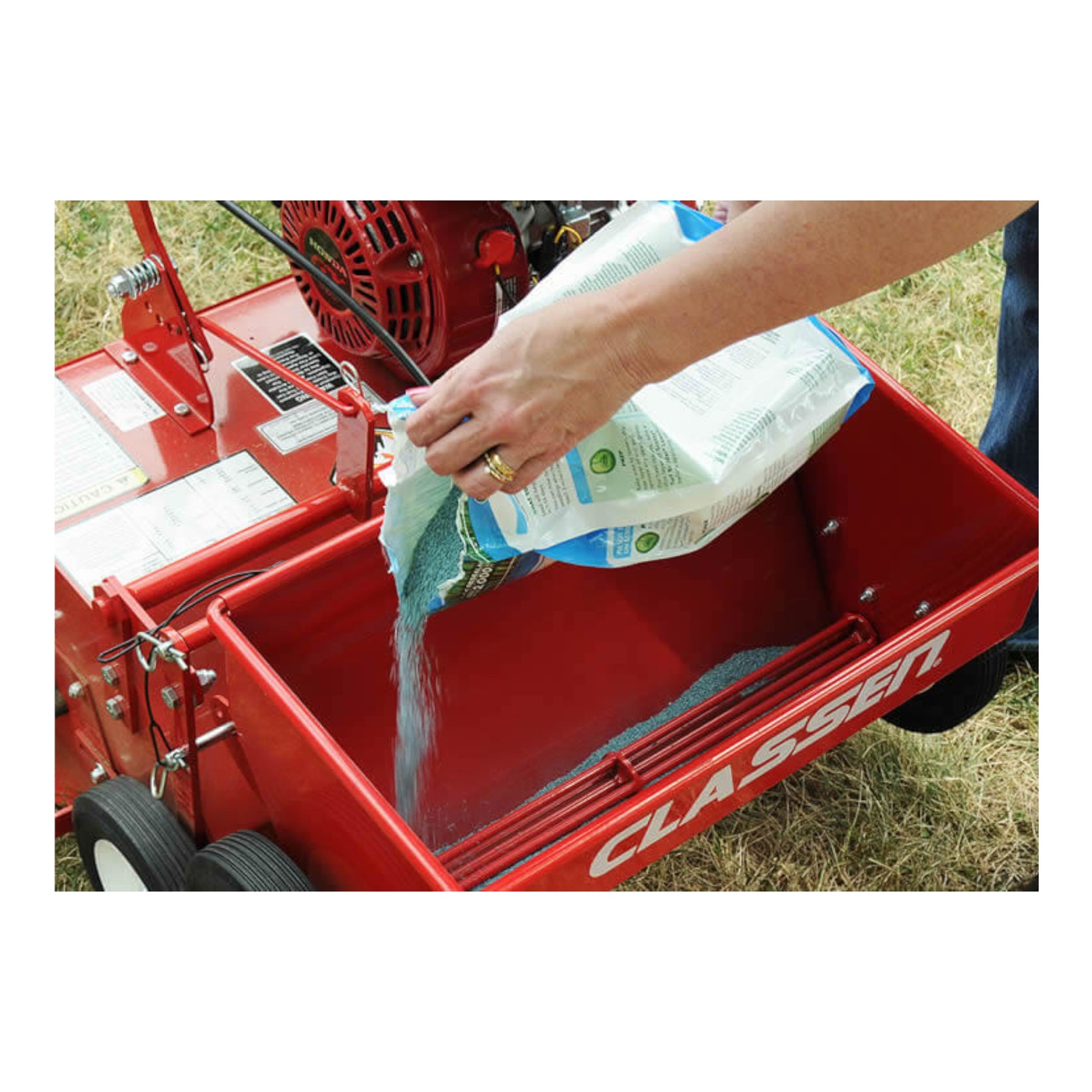 Classen TS-20 20-inch Honda GX160 walk-behind turf seeder with durable seed hopper and precision seed distribution