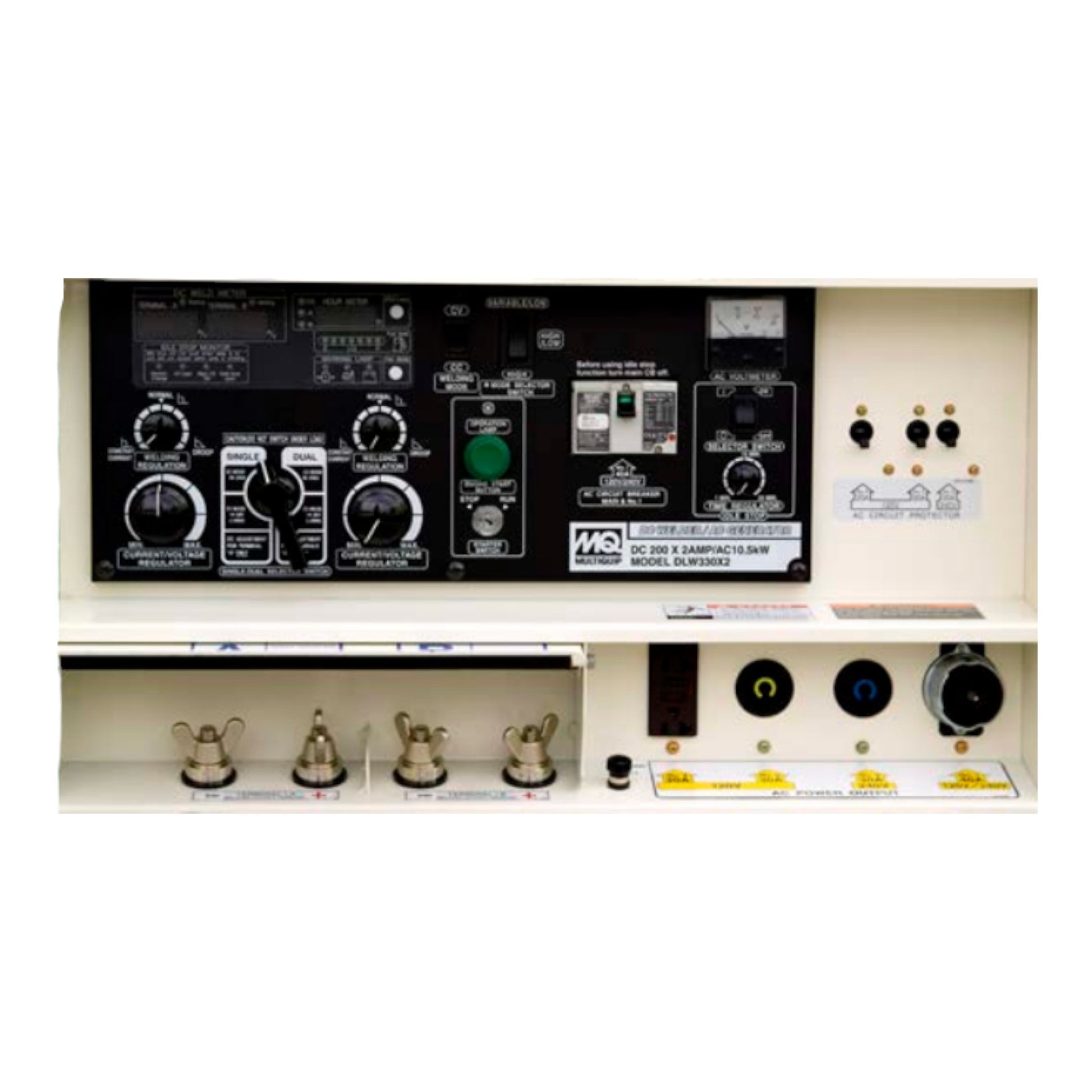 Multiquip DLW330X2 Welder/Generator: A heavy-duty 340-amp welding machine with a 10.5 kW 120/240 V generator output, Tier 4 Kubota diesel engine, and dual-operator capability