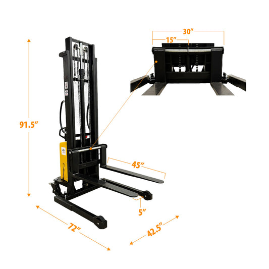 EMS1035W - Semi Electric Wide Leg Stacker 1000 kg (2204 lbs) + 138'' Capacity - CSA and UL Certified