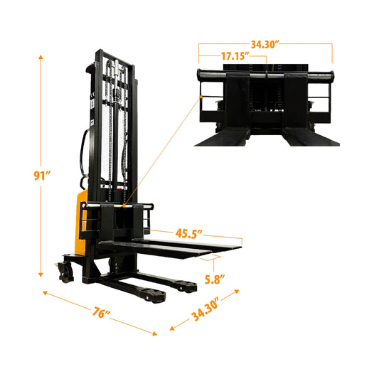 EMS1035 - Semi Electric Thin Leg Stacker 1000 kg (2204 lbs) + 138'' Capacity - CSA and UL Certified