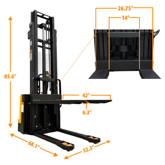 ESC12M33T - Electric Thin Leg Stacker 1200 kg (2640 lbs) / 1500 kg (3307 lbs) + 130'' Capacity - CSA and UL Certified