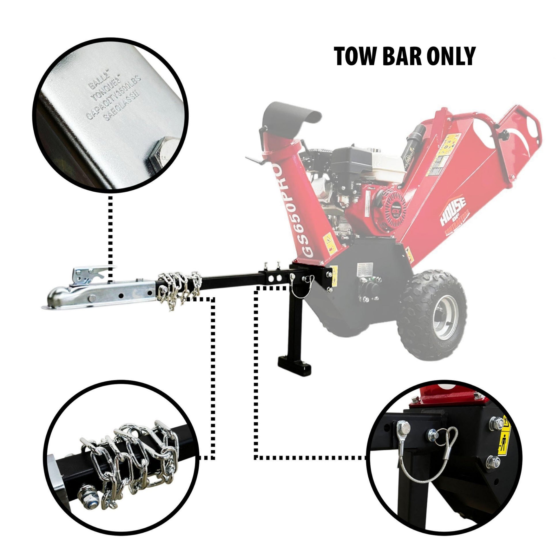 HOC GS650PRO 4 Inch Commercial Towable Wood Chipper Tow Bar A