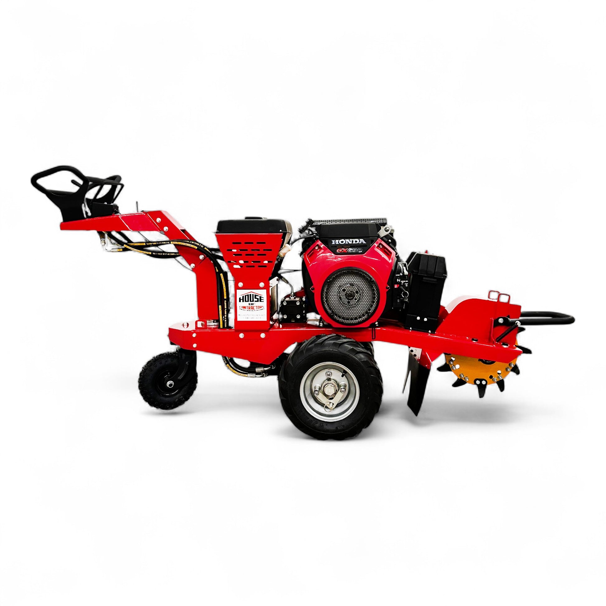 HOC911 Self Propelled Swivel Head Stump Grinder with Honda GX690 22.1 HP Electric Start engine, 18-inch above-ground grinding depth, and 12 Tungsten Carbide Teeth – House of Contractors Inc.