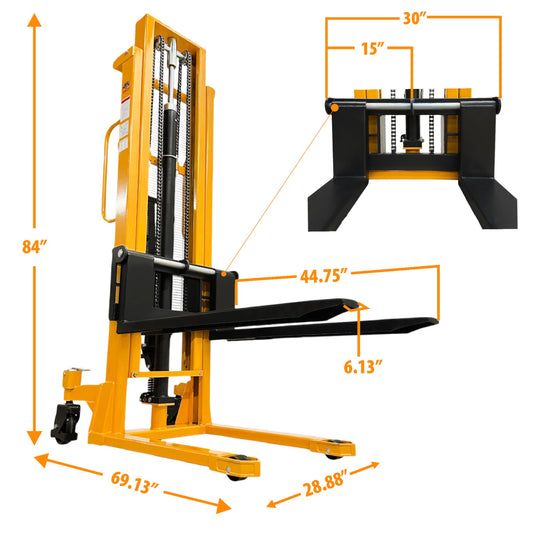 SYC118 - Hydraulic 2-Stage Mast Stacker 1000 kg (2204 lbs) + 118'' Capacity - CSA and UL Certified