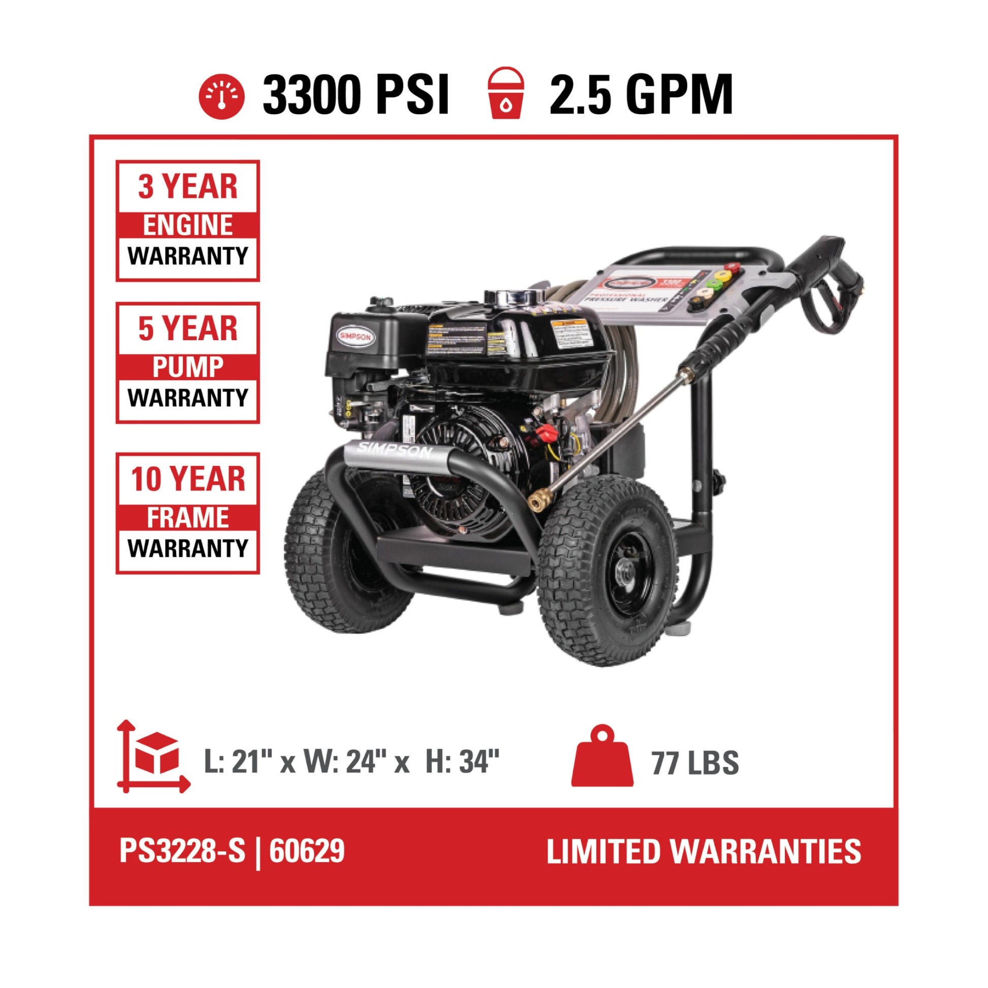 Simpson PS3228-S Honda GX200 PowerShot 3300 PSI @ 2.5 GPM Pressure Washer