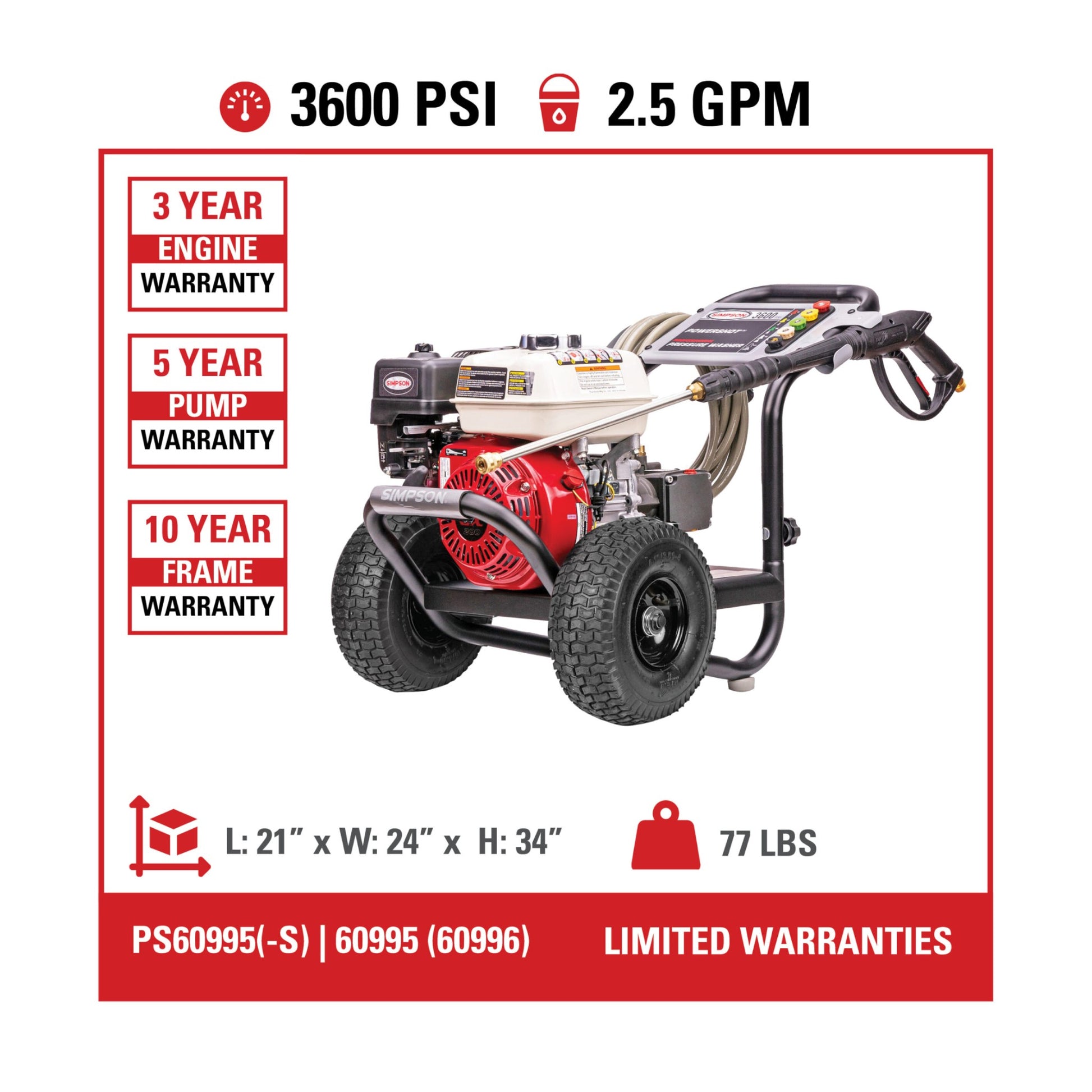 Simpson PS60995 Honda GX200 PowerShot 3600 PSI @ 2.5 GPM Pressure Washer