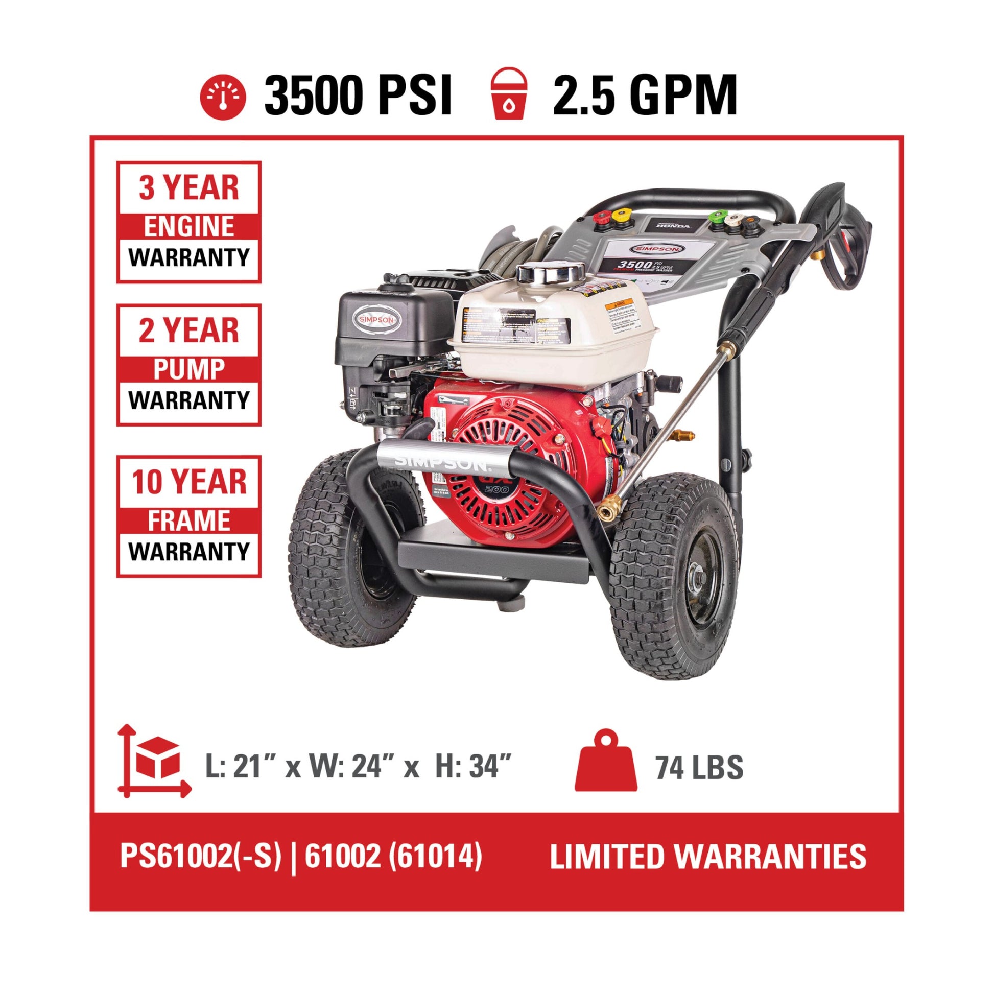 Simpson PS61002-S Honda GX200 PowerShot 3500 PSI @ 2.5 GPM Pressure Washer