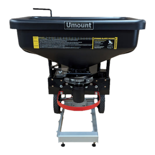 Umount broadcast material dry spreader with front-mount design and wide-pattern distribution