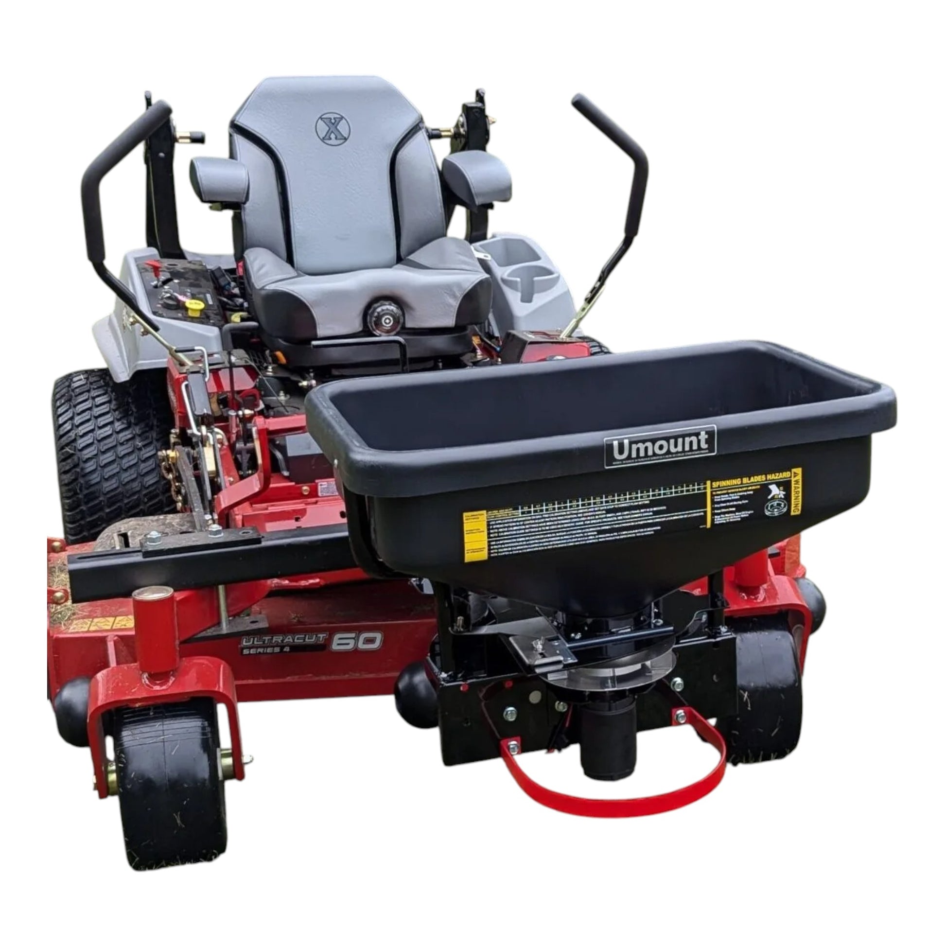 Umount broadcast material dry spreader with front-mount design and wide-pattern distribution