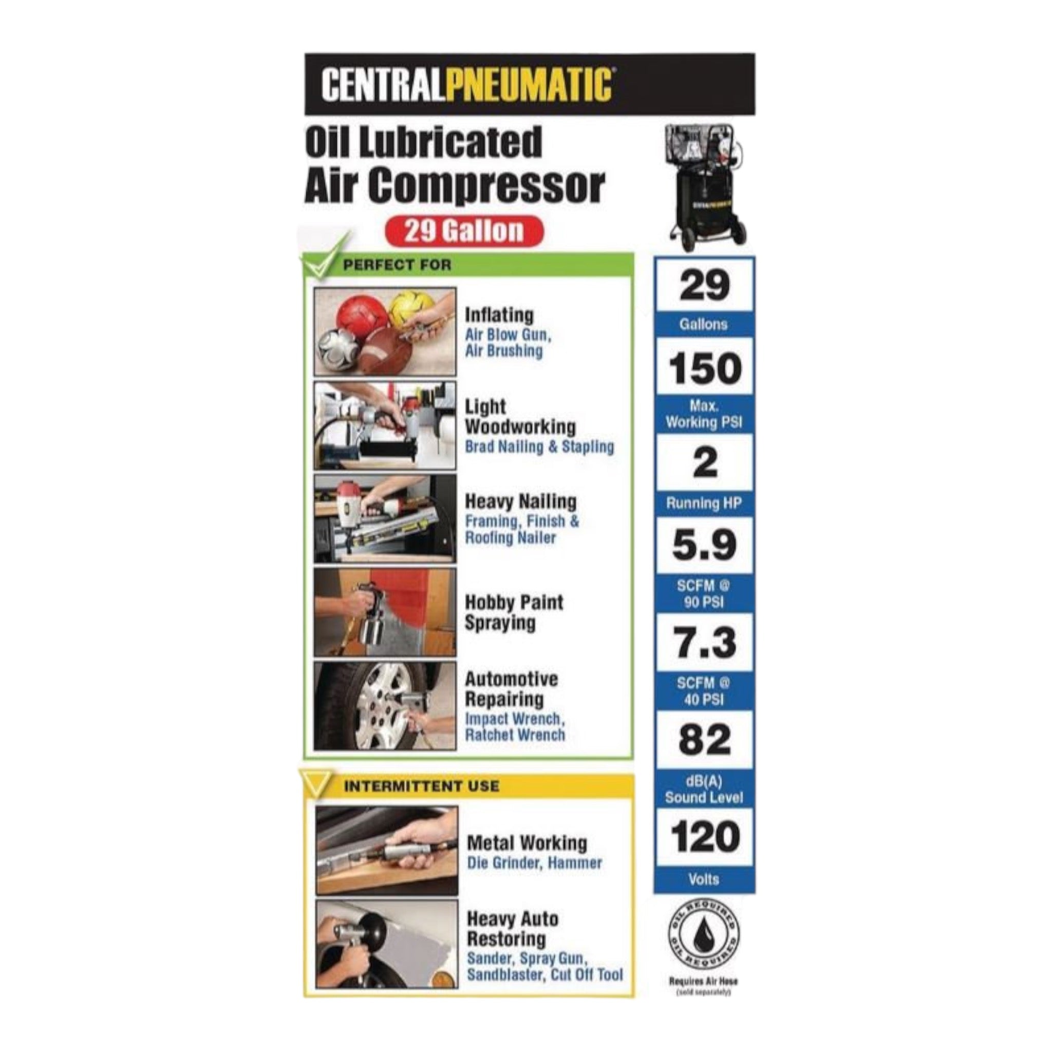 Central pneumatic 29 gallon 2 hp deals 150 psi cast iron vertical air compressor